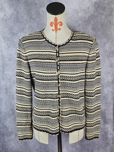 Beautiful VTG St. John Womens M Striped Metallic Knit Jacket Black Tan White EUC - Picture 1 of 9