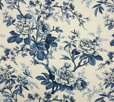 COVINGTON JAYDEN 593 INDIGO LARGE FLORAL VINE LINEN MULTIUSE FABRIC BY YARD 54"W - Image 1 of 4