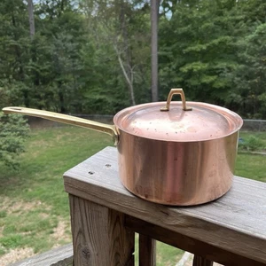 Paul Revere 1801 Pentola per Salsa in Rame 3 Qt con Coperchio Manici in Ottone Vintage - Foto 1 di 12