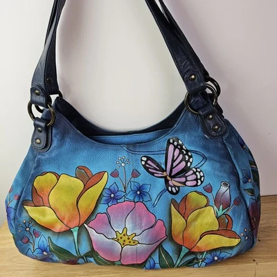 Bolsa de ombro Anuschka grande borboleta floral pintada à mão couro genuíno - Imagem 1 de 4