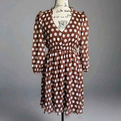 Vestido Danny & Nicole Talla 6 Marrón Blanco Lunares Manga Larga Cuello en V Boho Chic Foto 1 de 4