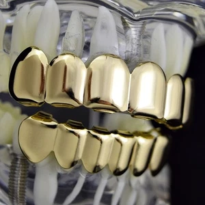 Juego de 6 dientes lisos lisos lisos enchapados en oro Grillz de seis parrillas bucales Hip Hop - Imagen 1 de 6