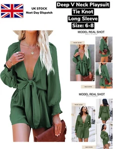 Damen tiefer V-Ausschnitt Playsuit Bindeknoten Laterne Langarm elegant kurz Strampler - Bild 1 von 18