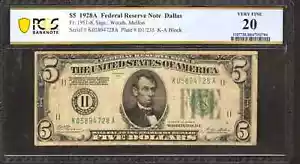 1928 A $5 FEDERAL RESERVE NOTE FR.1951K DALLAS KA BLOCK PCGS 20 VERY FINE (728A) - Picture 1 of 2