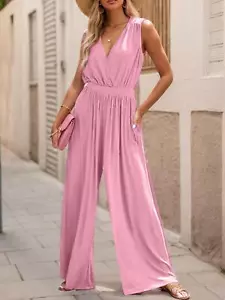 Jumpsuits for Women Sleeveless V Neck Wide Leg One Piece Outfits with Pockets - Picture 1 of 15