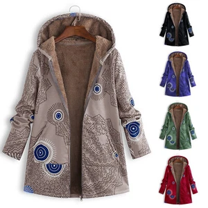 Women Leisure Printed Hooded Coat Pocket Plush Jacket Plus Fleece Winter Jacket - Picture 1 of 19