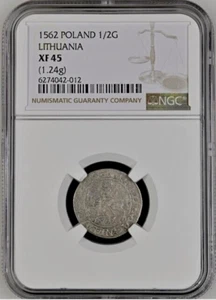Poland Lithuania 1/2 Groshe 1562 NGC XF45 UNC Silver Sigismund August - Picture 1 of 4