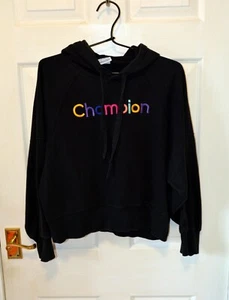 Champion Ladies Black + Embroidered Multi Colour Spell Out Crop Hoodie Small - Picture 1 of 6