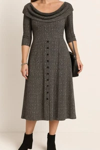 Robbie Bee Size XL Business Casual Lined Gray Textured Cowl Neck Buttoned Dress - Picture 1 of 14