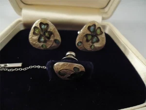 Vtg Sun Eagle Signed Modernist Art Dichroic Glass CuffLinks Tie Tack Set Keio - Picture 1 of 1