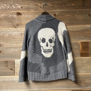 Totenkopf Kaschmir Grobstrick Knopf Cardigan Pullover Colorblock grau Oversize XS - Bild 1 von 12