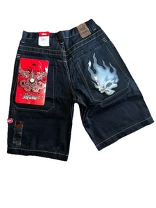 Rare nwt vintage JNCO Jean Shorts Flame skull Size 310Black Denim Skater Grunge - Picture 1 of 3