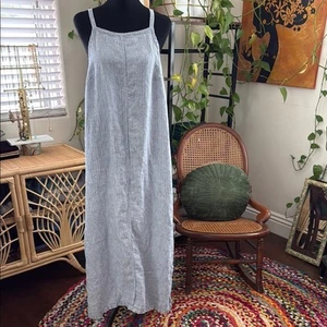 Vintage Karen Kane Blue & White Stripe Side Slit Linen Midi Maxi Dress - Picture 1 of 5