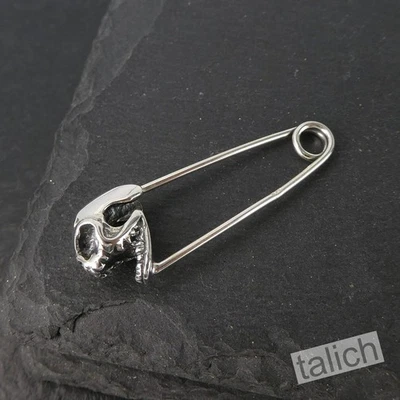 Shiny 925 Sterling Silver Skull Safety Pin Brooch Pendant Gothic Punk Cool Fun - Image 1 of 4