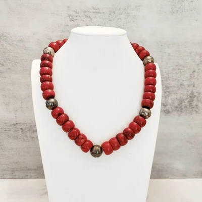 Collar de Colección Coral Rojo Grande Grueso Plata Esterlina Cuentas de Tambor Cierre de Palanca Foto 1 de 4