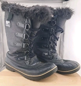 Sorel Black Glitter Tofino Faux Fur Waterproof Winter Boots Lace Up Women’s 9 - Picture 1 of 19