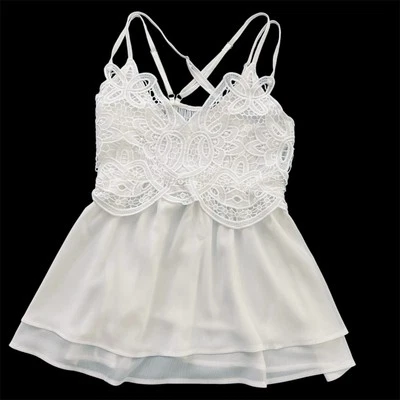 Top Camisola Babydoll Y2K Blanco Crochet Correas de Encaje Forrado Boho Hada Coqueta S Foto 1 de 4