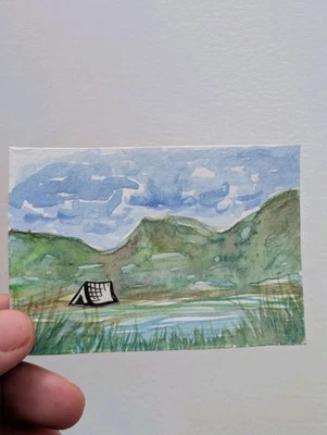 Tarjeta de arte original ACEO dibujo medios mixtos camping en el lago firmada por el artista  Foto 1 de 2
