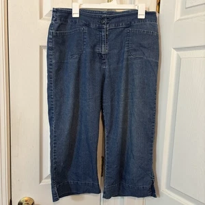 VTG Woolrich Blue Denim Women’s Cropped Slit Ankle Stretch Denim Capris Sz 10? - Foto 1 di 9
