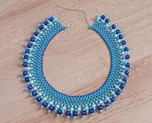 Unique Handmade Blue Pearl Beaded Necklace Designer Style Jewelry for Women - Picture 1 of 14