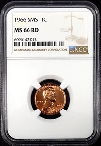 1966 SMS Lincoln Cent graded MS 66 RD by NGC! sku 2-012 - Picture 1 of 4