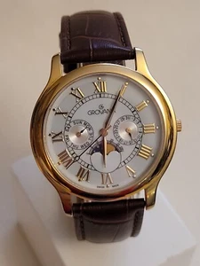 GROVANA 1025.1 Swiss Moonphase Analog Display 3ATM Sapphire Quartz Gold Platen. - Picture 1 of 16