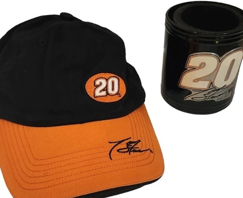 Tony Stewart #20  NASCAR  Black Metal Can Coozie Can Cooler AND Hat. 2 items Cover