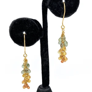 18k Gold Briolette Multi Color Sapphire Tassel Dangle Drop Earrings - Picture 1 of 5