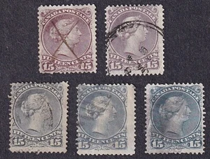 Canada 1868-76, Scott No. 29 & 30, VF, 5 diff. colors 15 cent Large Queens, used - Picture 1 of 1