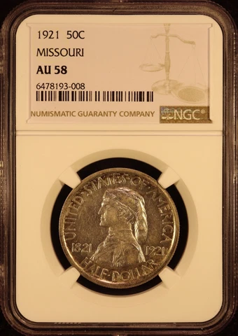 1921 Missouri Centennial Commemorative Half - NGC AU58 - Tough Type! Nice Coin! Cover