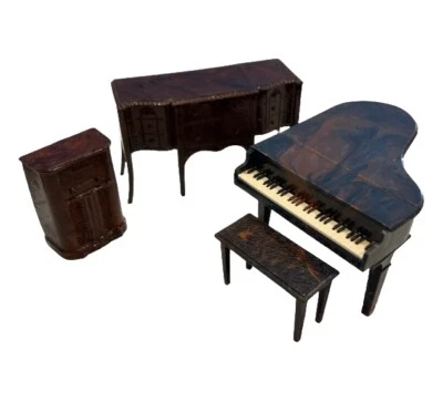 复古 Renwal 娃娃屋音乐室家具钢琴长凳桌留声机收音机 — 第 1/3 张图片