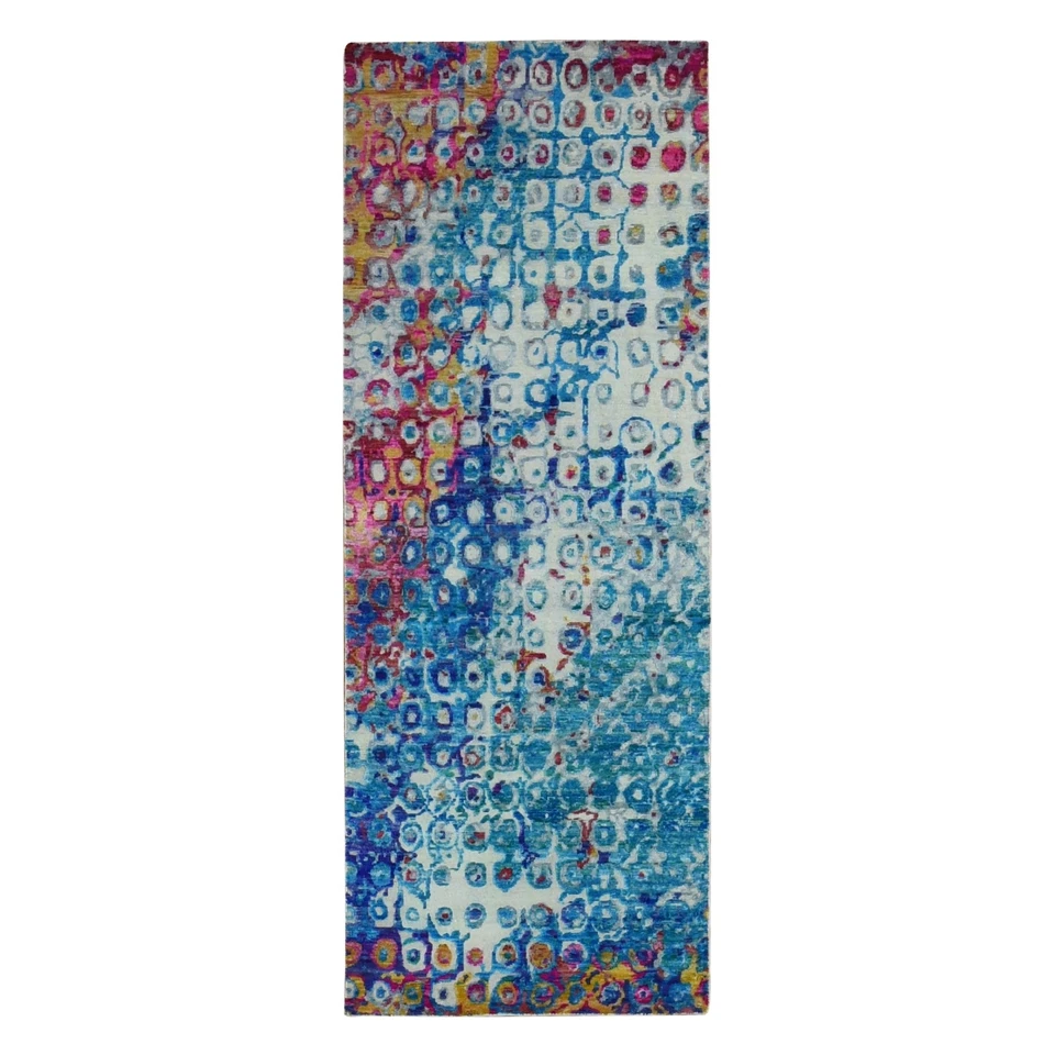 3'x8'2" Blue THE PEACOCK Sari Silk Colorful Hand Knotted Runner Rug G87689 - Image 1 of 4