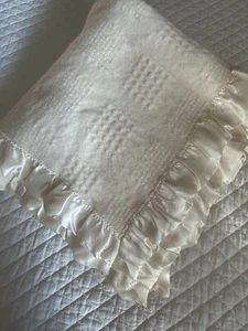 Vtg Faribault Woolen Mills Merino Wool Blanket Waffle Weave Satin Cream 68x64 - Picture 1 of 7