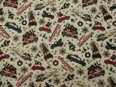 RED TRUCK VW BUG TRAILER TREE STATION WAGON WINTER HOLIDAY COTTON FABRIC FQ - Image 1 of 4