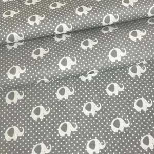 ELEPHANTS DOTS SMALL WHITE ON GREY 100% COTTON FABRIC per metre - Imagen 1 de 2