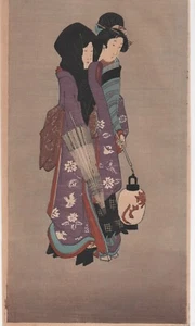 Hermosa impresión antigua japonesa en madera de dos mujeres con linterna y sombrilla - Imagen 1 de 3