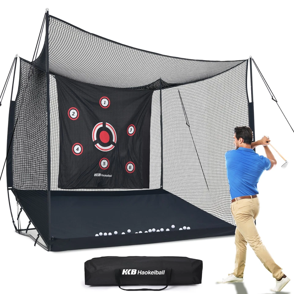 HAOKELBALL Heavy-Duty Golf Hitting Cage 10x8x6ft Golf Practice Net w/Target Cloth Carry Bag