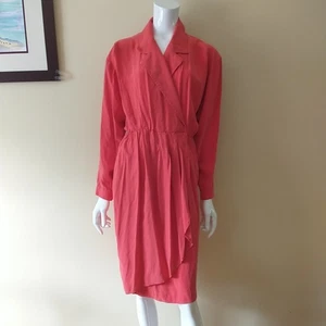 Vtg Liz Claiborne Wrap Dress 6 Red 100% Silk Collared Long Sleeve 1980s - Picture 1 of 12