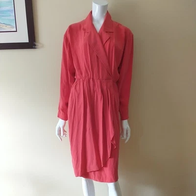 Vestido envolvente Liz Claiborne de colección 6 rojo 100 % seda cuello manga larga años 80 Foto 1 de 4