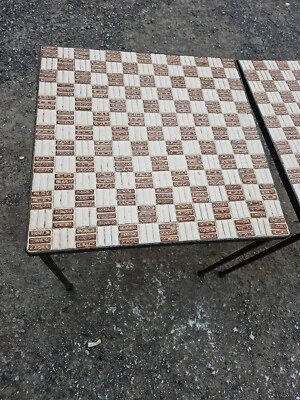 Vintage MCM Rustic PAIR Tile Top Patio Side Table Plant Wrought Iron 15.5x15.5x - Image 1 of 4