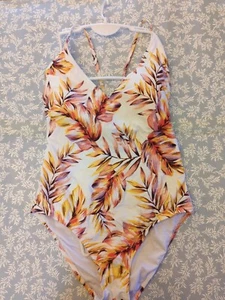 Women's V-Neck Cross Back One Piece Swimsuit - Kona Sol White Floral Size XL - Picture 1 of 2