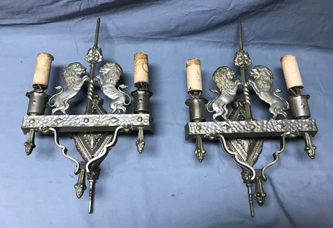 Antique VTG Pair Nickel Heavy Brass Interior Double Wall Lions Sconces 908-22B Cover