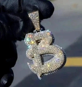 Men's 3 Ct Round Cut Moissanite Custom B Letter Pendant 14K White Gold Plated - Picture 1 of 7