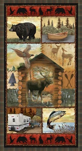 Moose Bear Camper Scenes Fabric Animals Wilderness Trail Cotton Blank 24" Panel - Picture 1 of 1