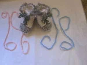 White Grey Hi Top Baby Booties Unisex Three Laces 3-6 mo Shower Gift Faux Fur  - Picture 1 of 7