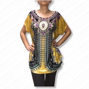 Tunic Top Women Mandala Print Short Sleeve Loose Relaxed Hippie Clothes Festival - Picture 1 of 5