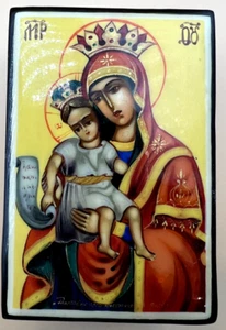 Vintage Russian Trinket Box Enameled Black Lacquer ICON MADONNA & Baby Jesus NEW - Picture 1 of 4