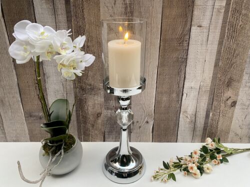 SAVE 50%! 41cm Silver Chrome Metal & Glass Candle Holder Hurricane Lamp Wedding 