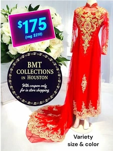 RED 3 Layers Bridal Ao Dai w/ Train + Pants; Size S-5XL UNIQUE Gold Decorations - Picture 1 of 11