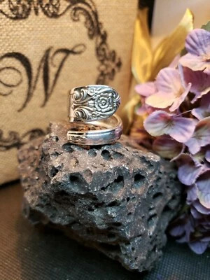 Anillo cuchara hecho a mano, plata 6-15 placa plata bypass flor melodía Foto 1 de 3